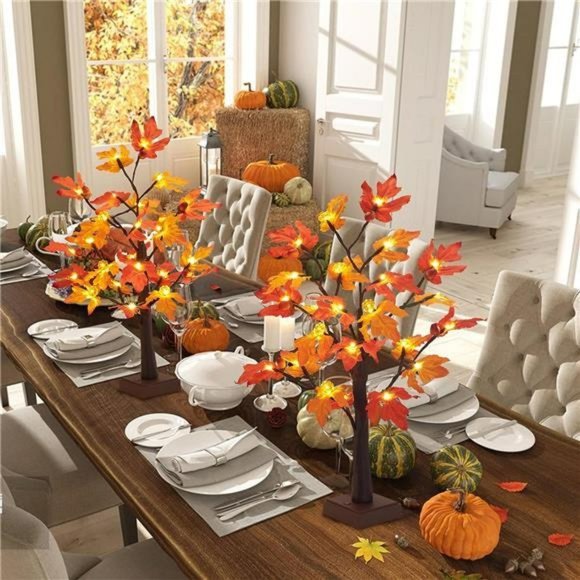 [ 2 Pack & Timer ]24 Inch Artificial Fall Lighted Maple Tree Decor, l 48 LED - Picture 2 of 7